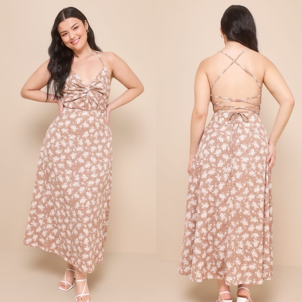 Lulu's Floral Midi Dress in Tan and White